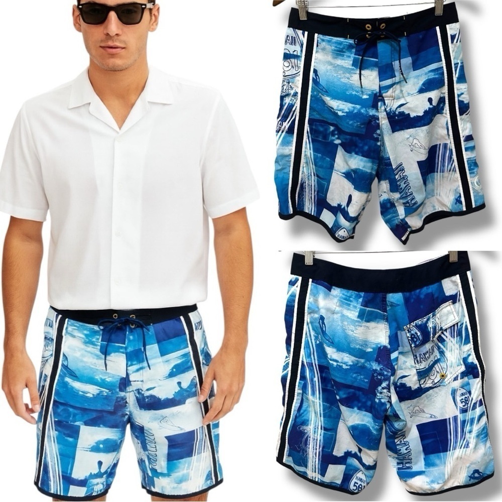 250 Hawaiian 581 | EUC Brazil Men’s Vintage Blue Surf Print Board Shorts (Sz 29)